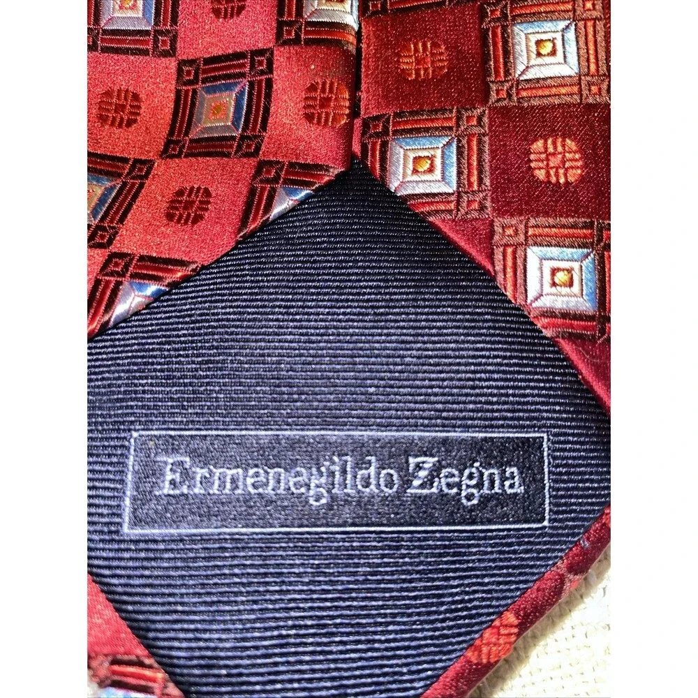 Ermenegildo Zegna Men’s Dress Tie Sz 59” 3.5” Red Geometric Business Formal NWOT